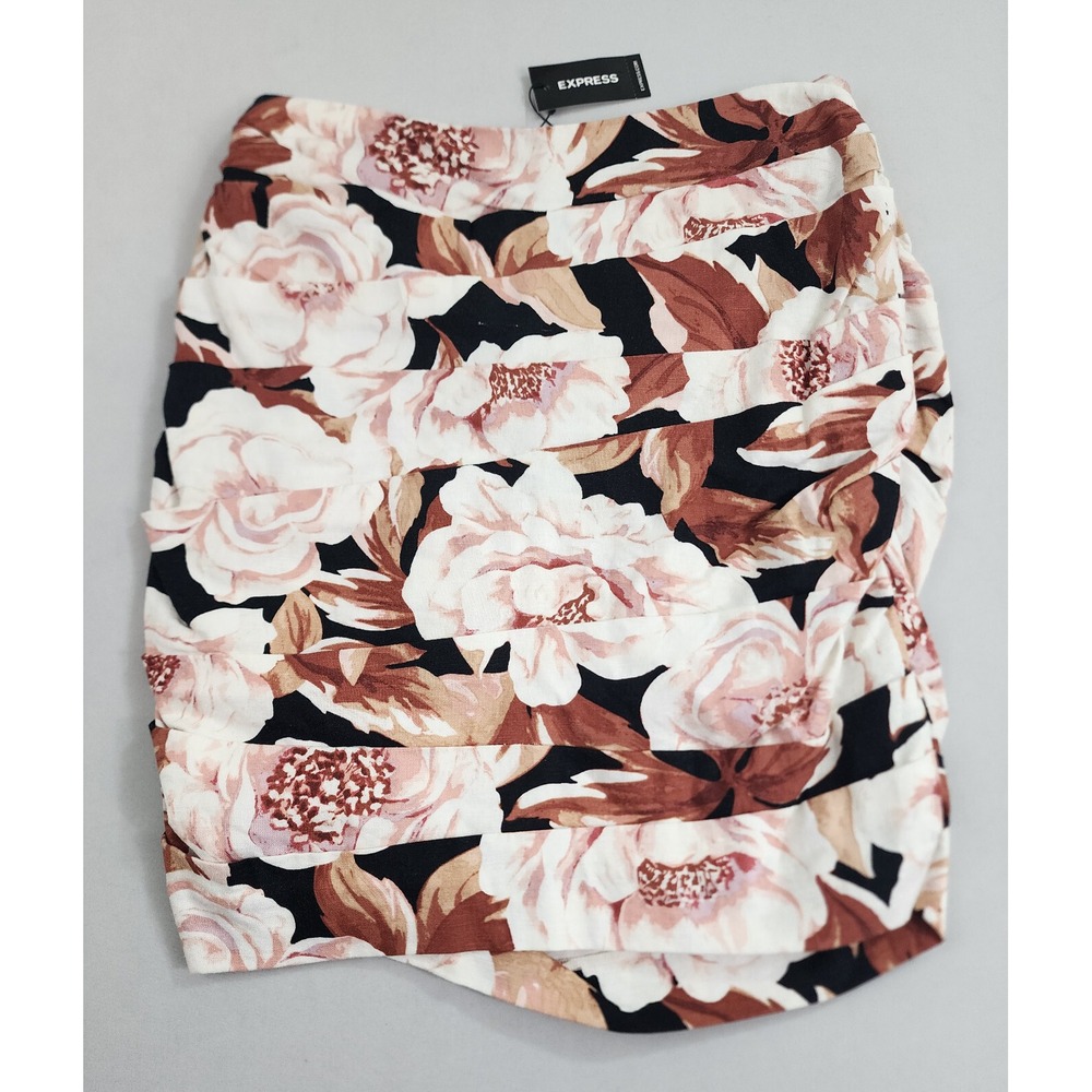 Express Skirt Womens XS Brown Floral Linen Blend Ruched Mini Skirt 07652261